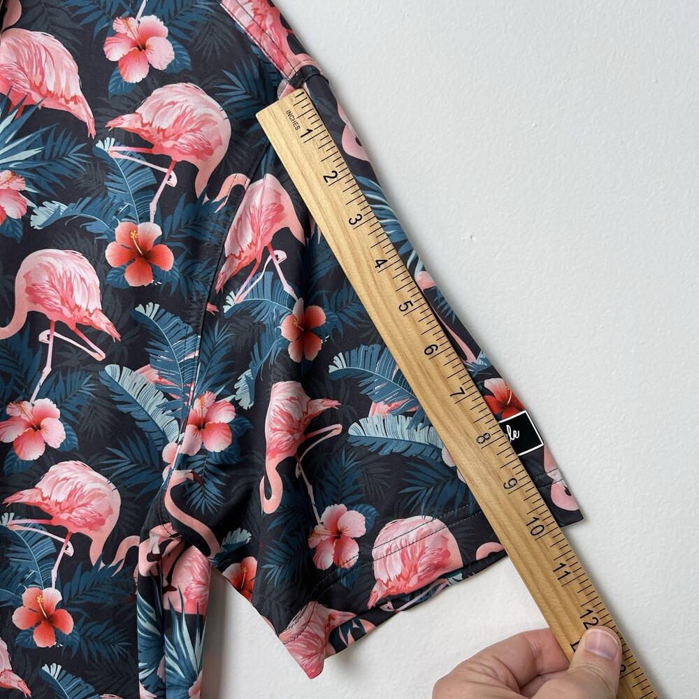 Waggle Golf Polo Shirt Men's Large Navy Jungle Pink Flamingo Hawaiian‎ Blossom - Picture 6 of 7